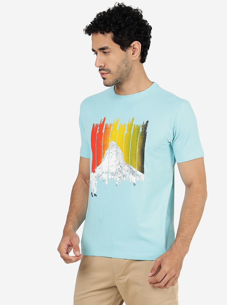 Turquoise Blue Printed Slim Fit T-Shirt | pehervi