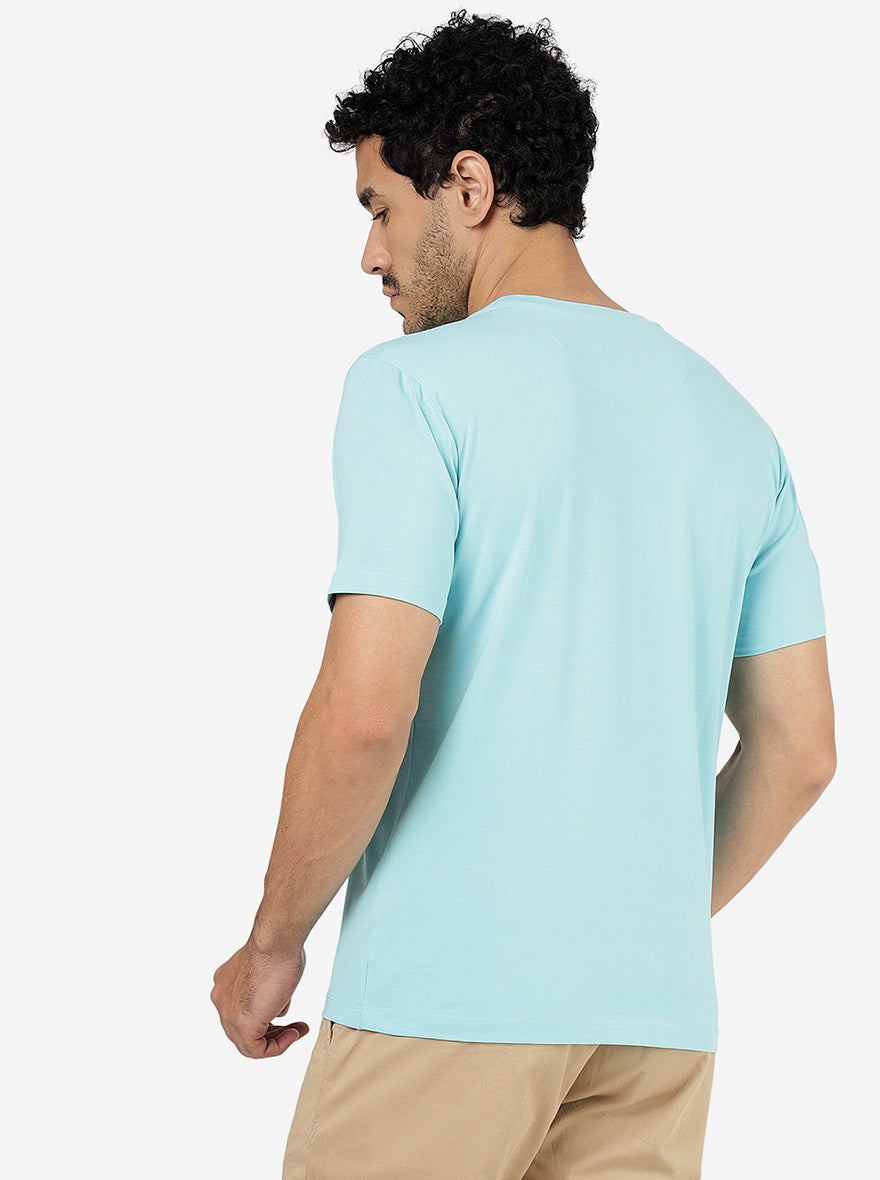Turquoise Blue Printed Slim Fit T-Shirt | pehervi