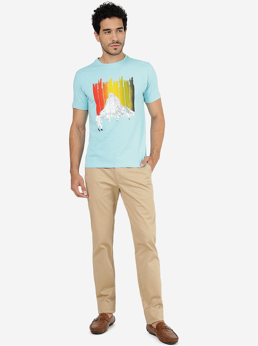 Turquoise Blue Printed Slim Fit T-Shirt | pehervi