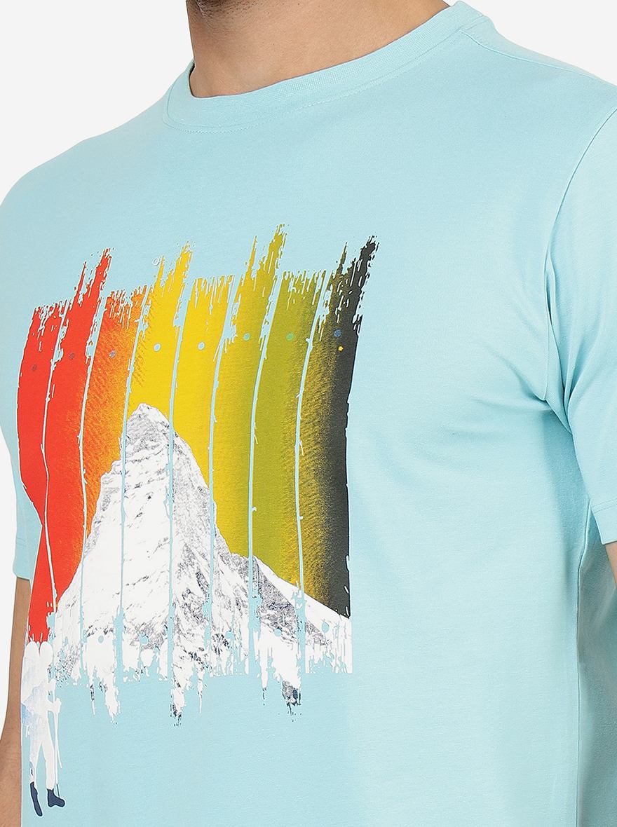 Turquoise Blue Printed Slim Fit T-Shirt | pehervi