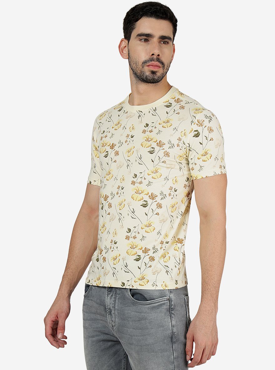 Cream Printed Slim Fit T-Shirt | pehervi