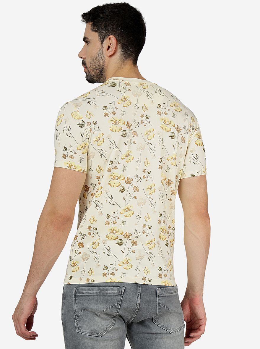 Cream Printed Slim Fit T-Shirt | pehervi