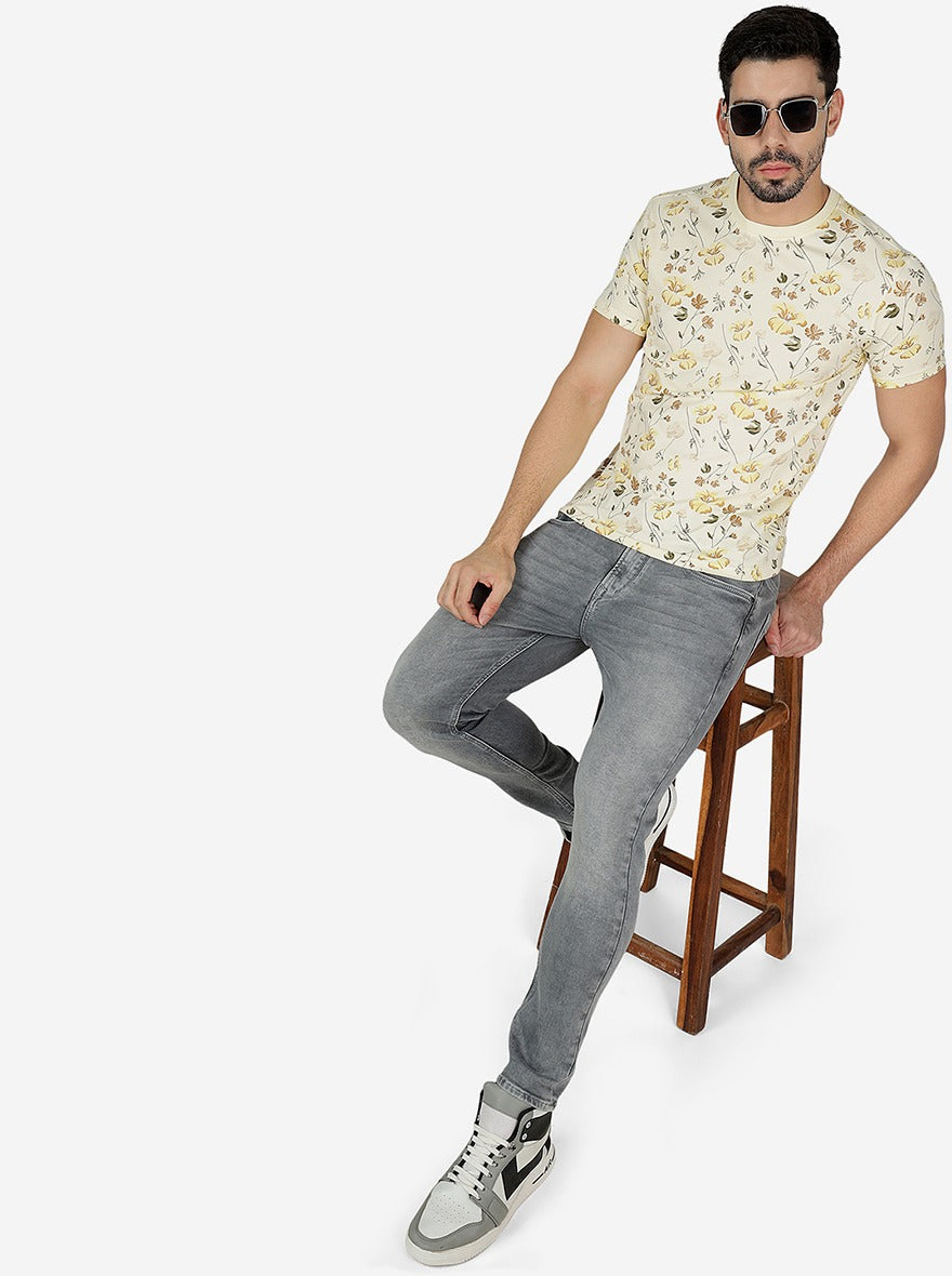 Cream Printed Slim Fit T-Shirt | pehervi