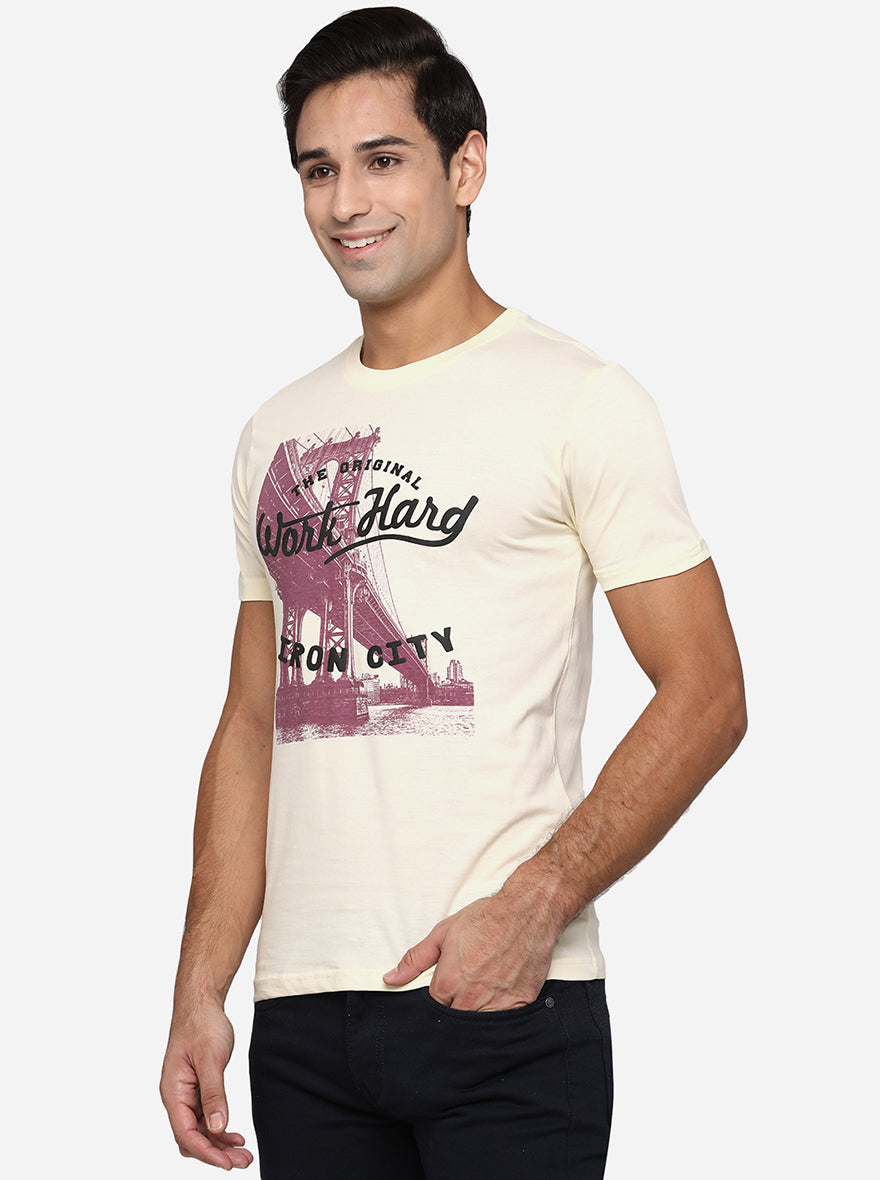 Cream Printed Slim Fit T-Shirt | pehervi