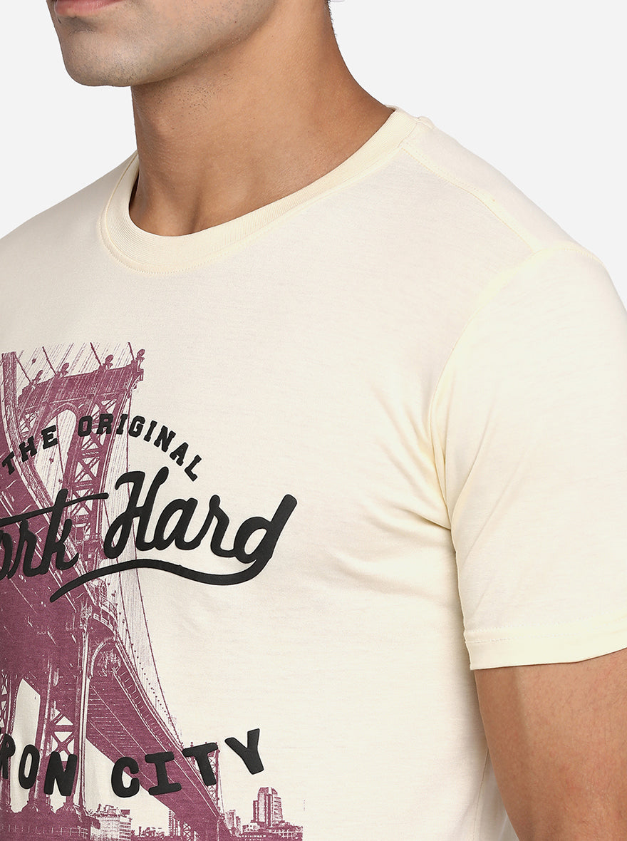 Cream Printed Slim Fit T-Shirt | pehervi