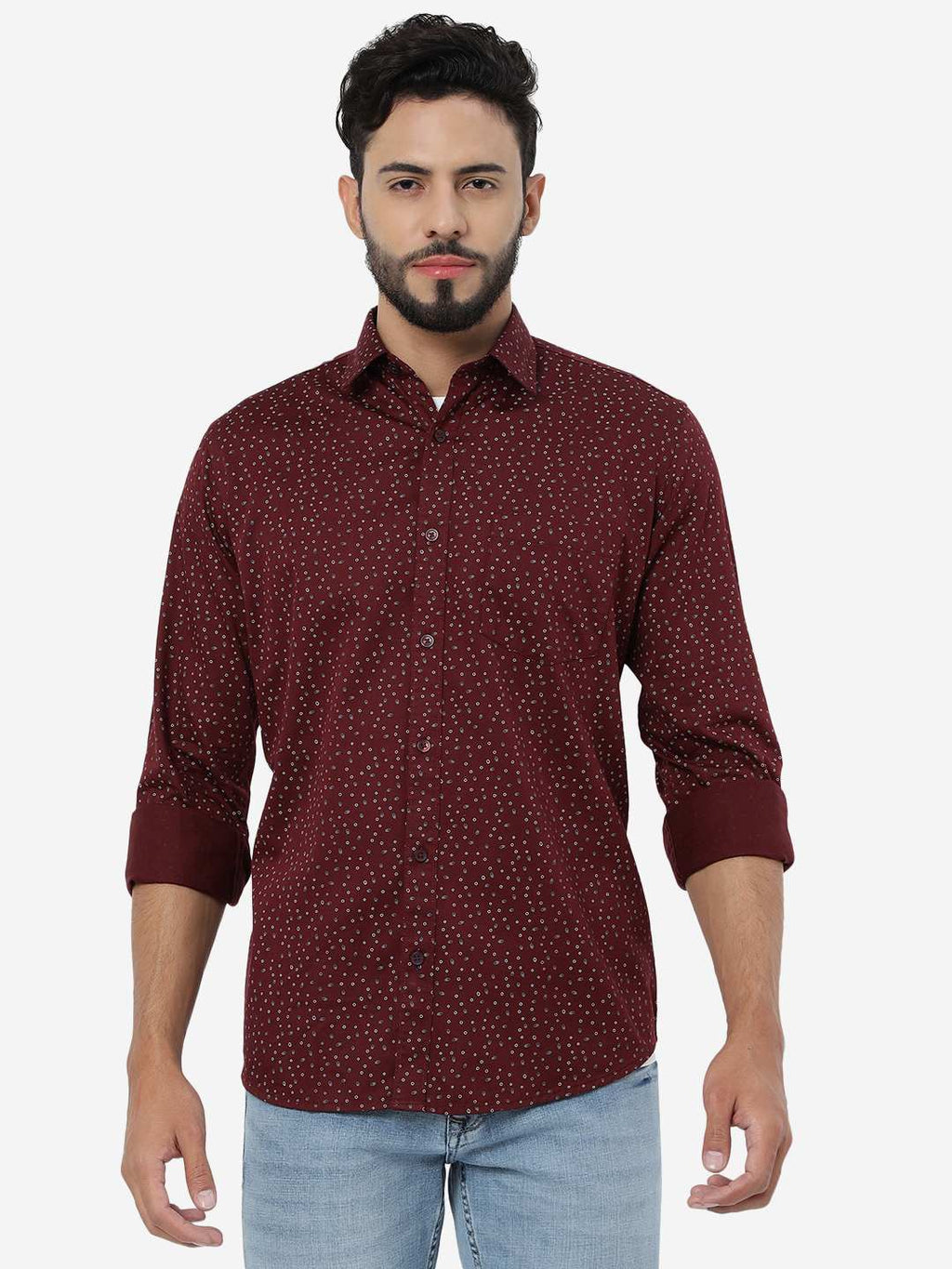 Maroon Printed Smart Fit Semi Casual Shirt | Pehervi