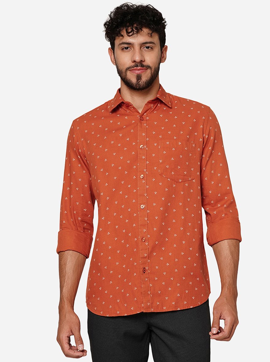 Orange Printed Smart Fit Semi Casual Shirt | Pehervi