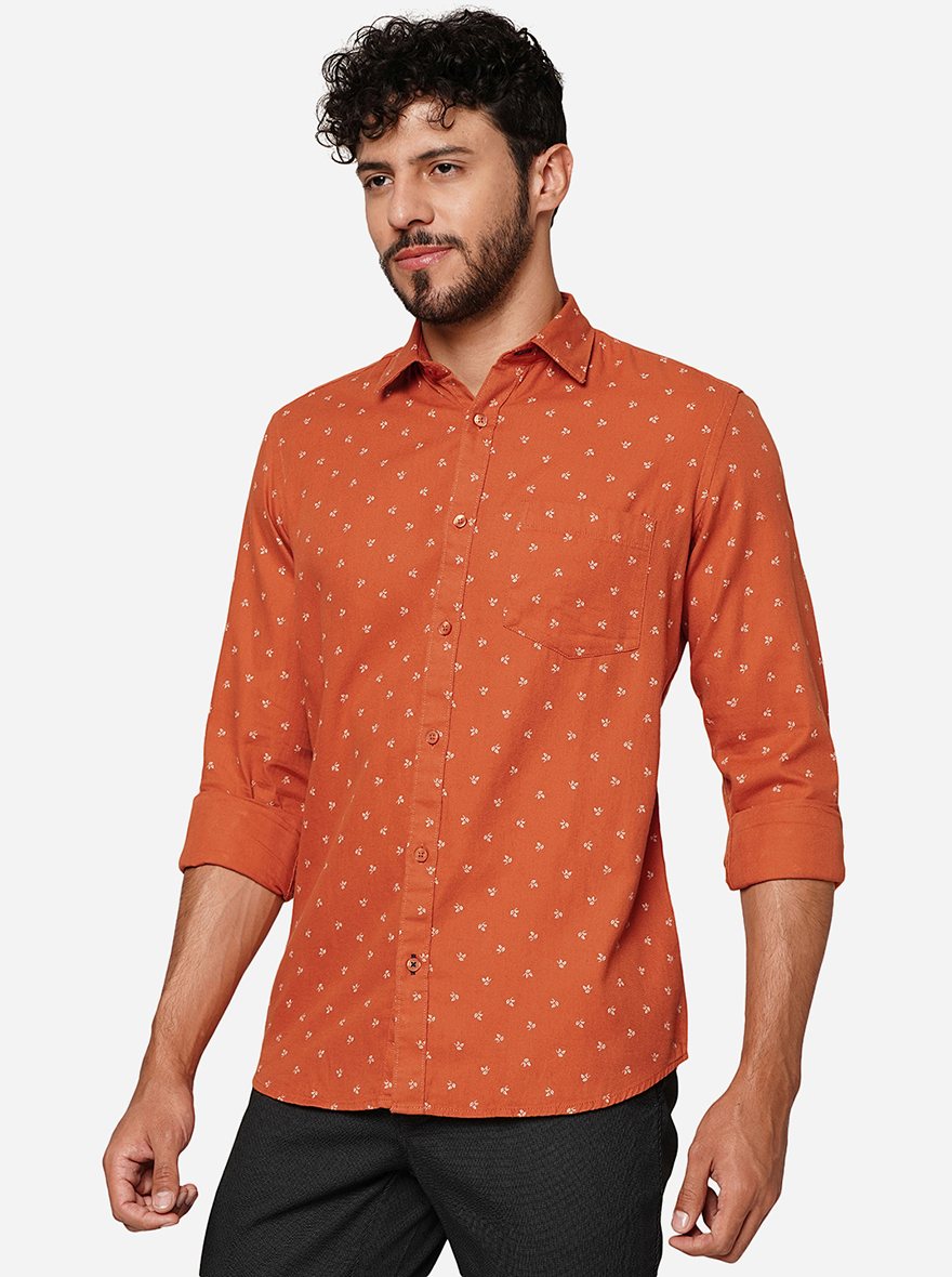 Orange Printed Smart Fit Semi Casual Shirt | Pehervi