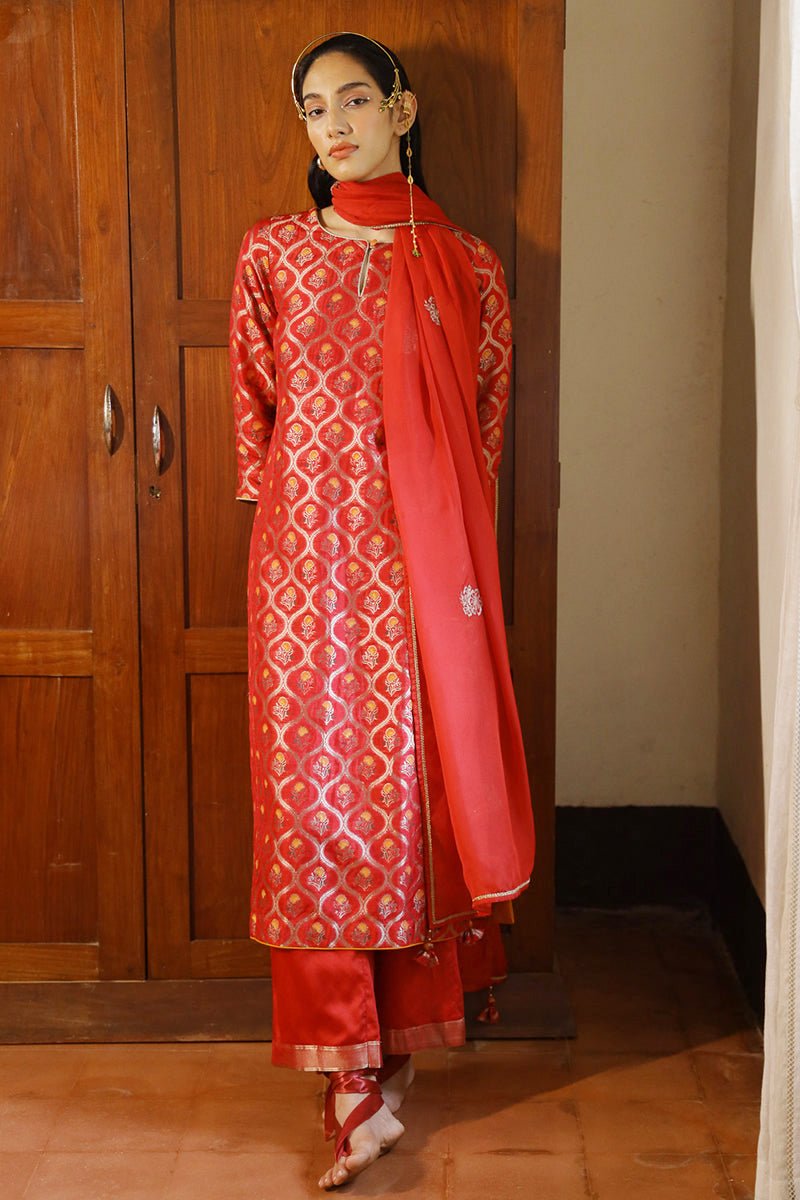 Tango Red Woven Silk Salwar Suit
