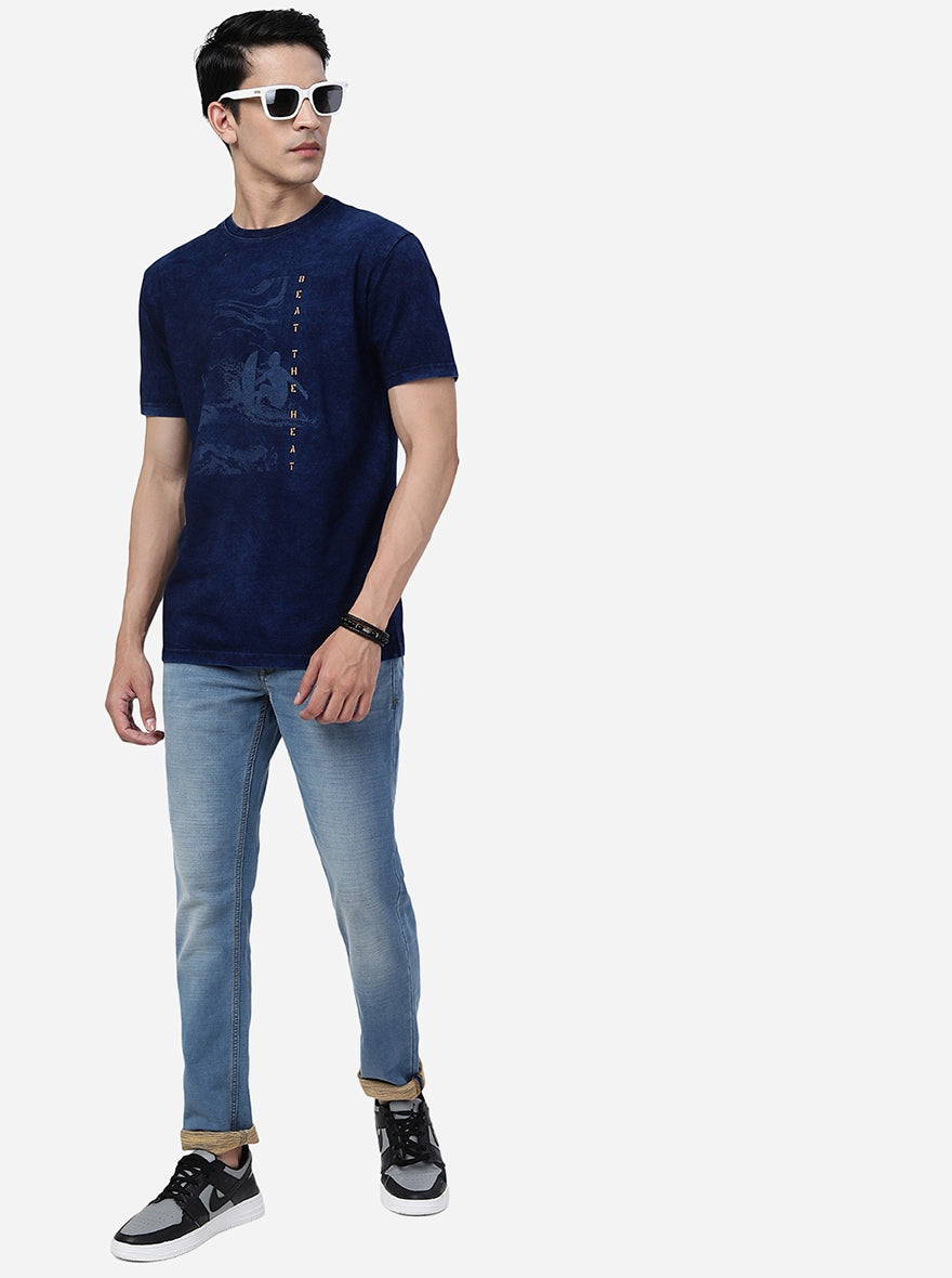 Denim Blue Printed Slim Fit T-Shirt | pehervi