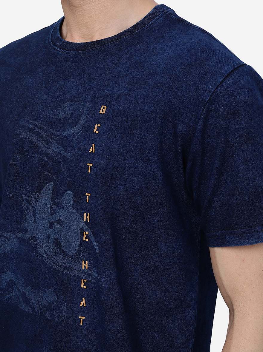 Denim Blue Printed Slim Fit T-Shirt | pehervi