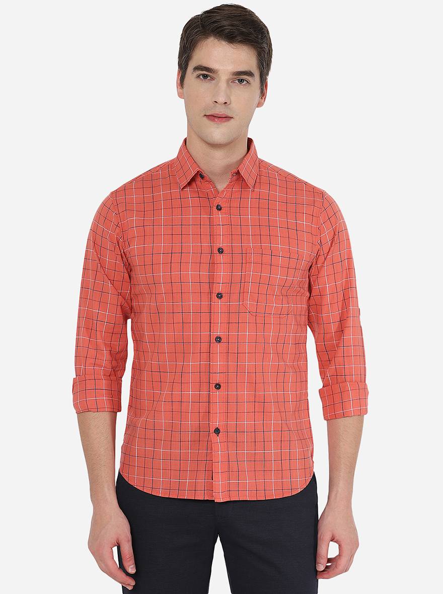 Orange Checked Slim Fit Semi Casual Shirt | Pehervi