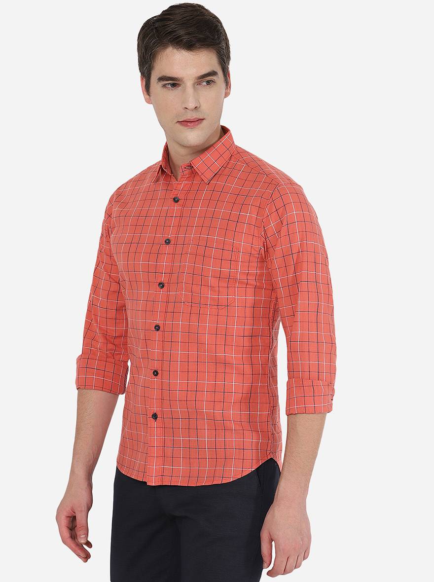 Orange Checked Slim Fit Semi Casual Shirt | Pehervi