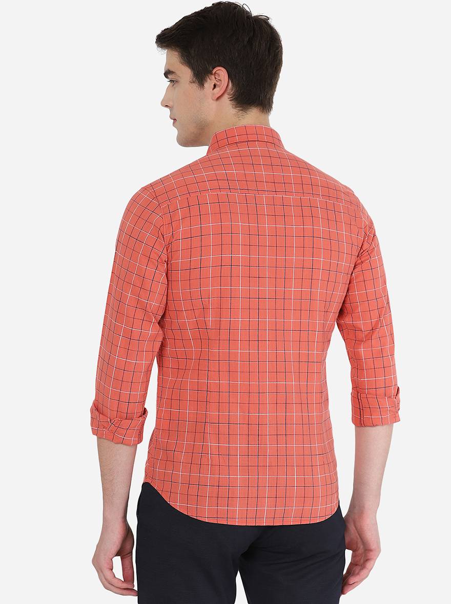 Orange Checked Slim Fit Semi Casual Shirt | Pehervi