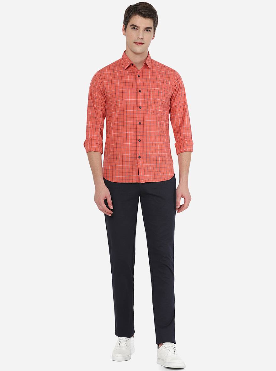 Orange Checked Slim Fit Semi Casual Shirt | Pehervi