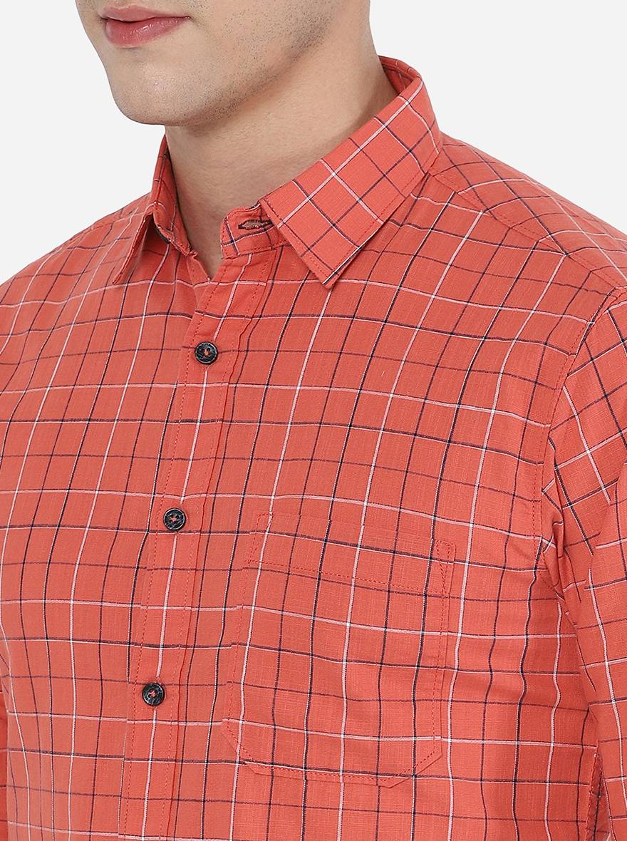 Orange Checked Slim Fit Semi Casual Shirt | Pehervi