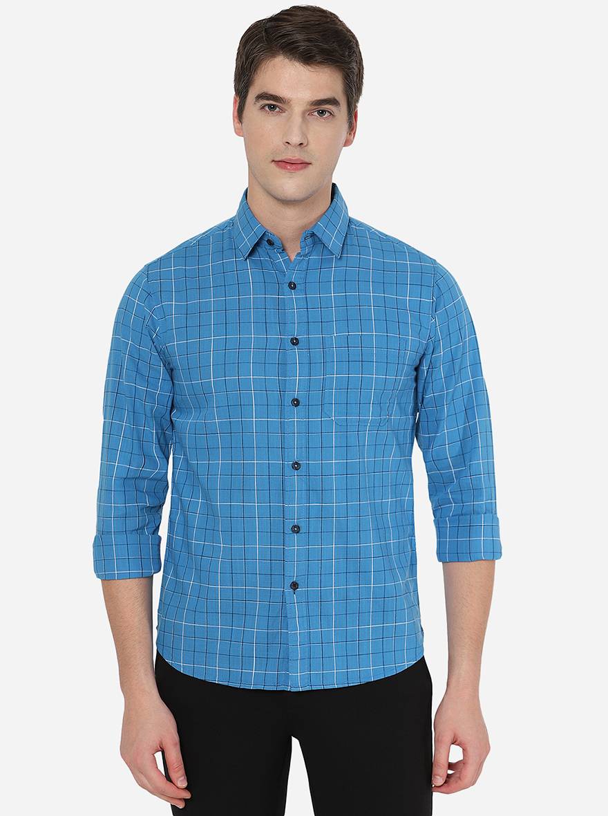 Cendre Blue Checked Slim Fit Semi Casual Shirt | Pehervi