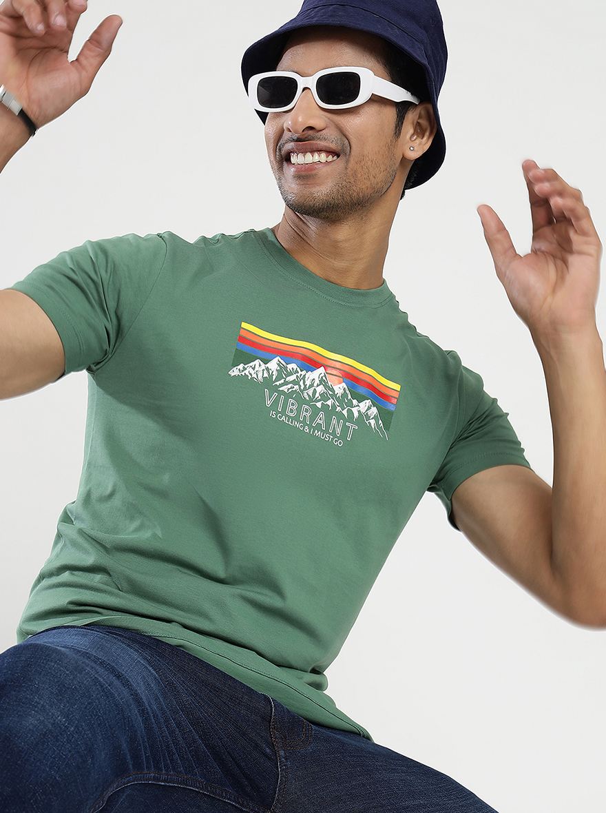 Green Printed Slim Fit T-Shirt | pehervi