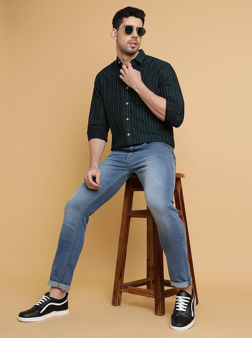Bottle Green Striped Slim Fit Semi Casual Shirt | Pehervi