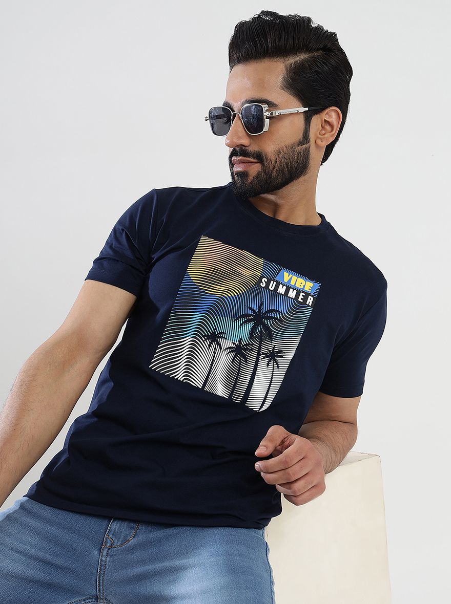 Navy Blue Printed Slim Fit T-Shirt | pehervi
