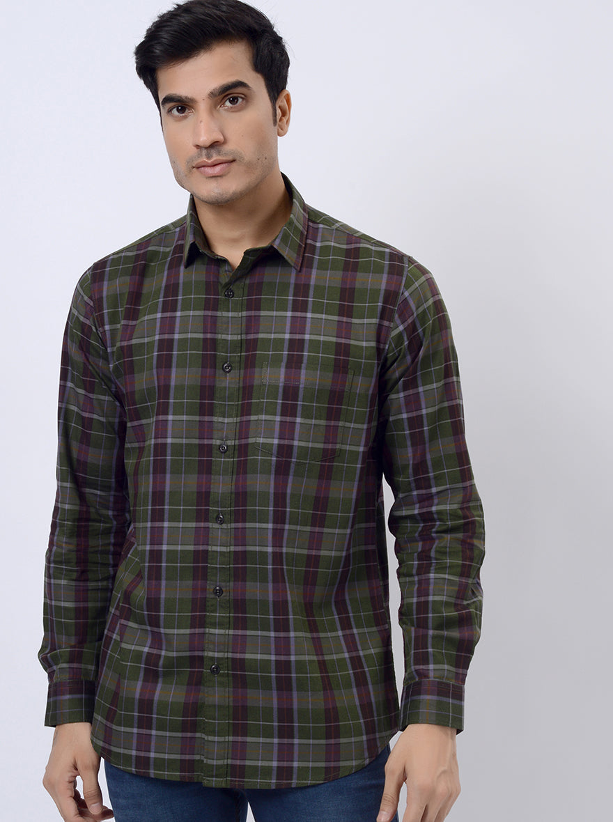 Green Checked Slim Fit Casual Shirt | pehervi