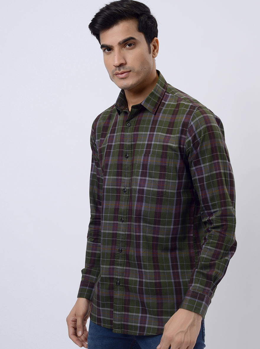 Green Checked Slim Fit Casual Shirt | pehervi