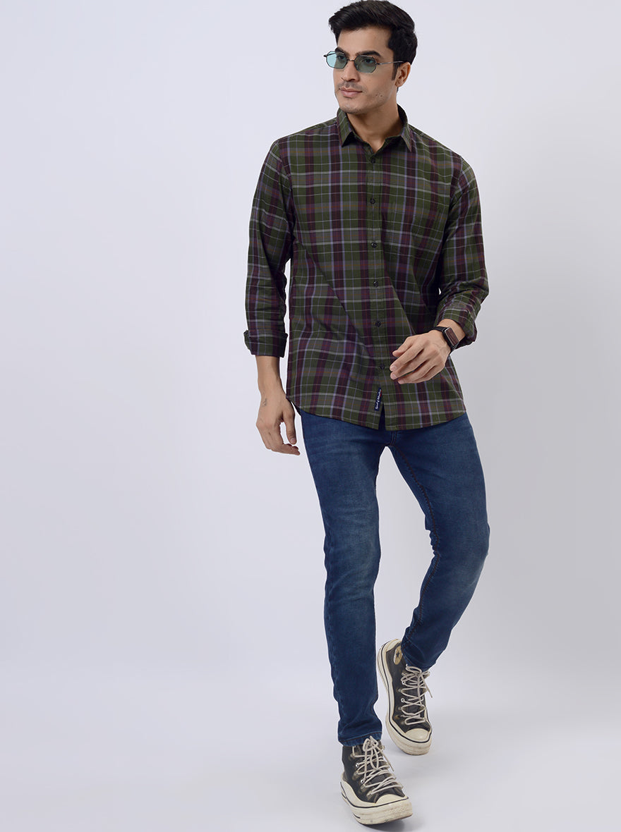 Green Checked Slim Fit Casual Shirt | pehervi