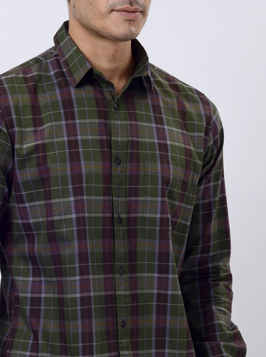 Green Checked Slim Fit Casual Shirt | pehervi