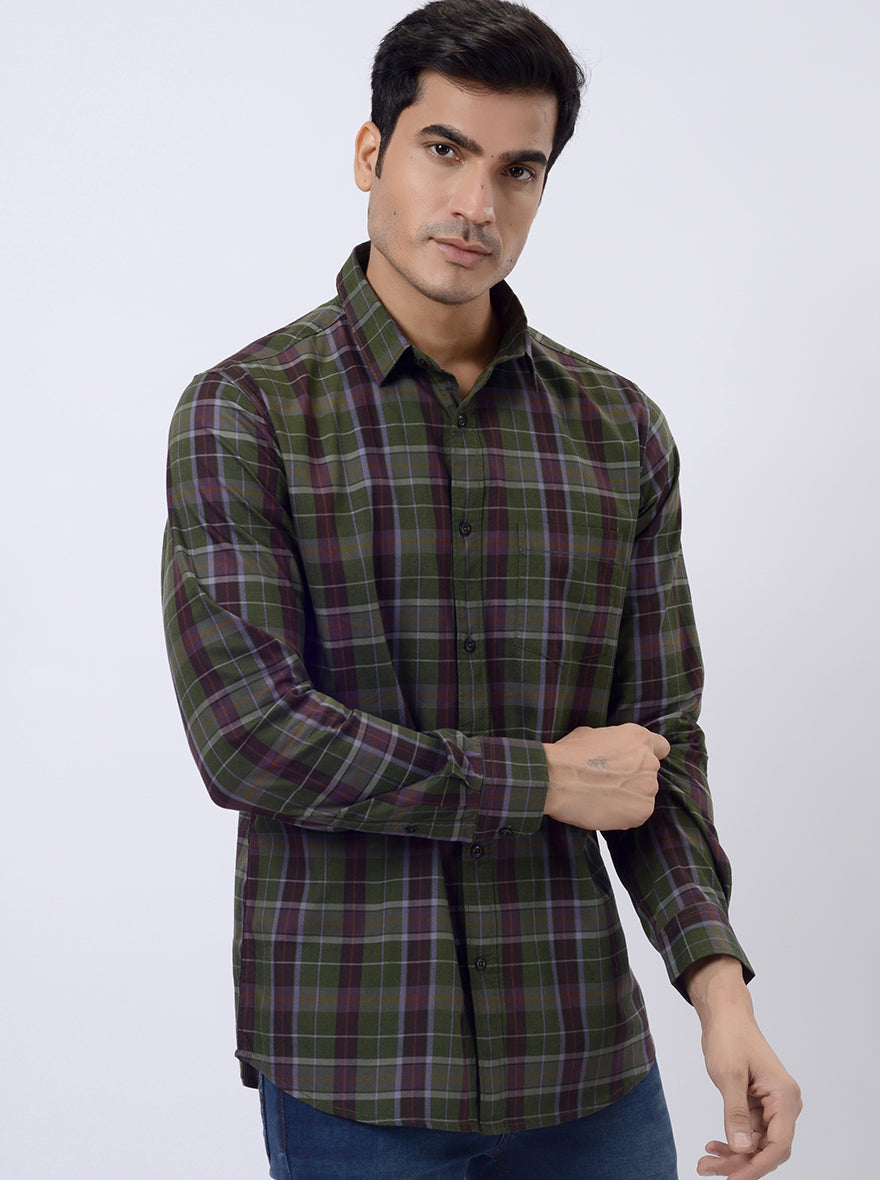 Green Checked Slim Fit Casual Shirt | pehervi