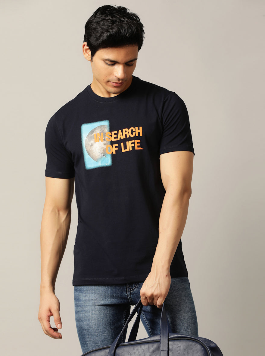 Navy Blue Printed Slim Fit T-Shirt | pehervi