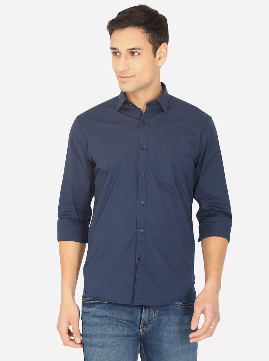 Navy Blue Solid Classic Fit Semi Casual Shirt | Pehervi