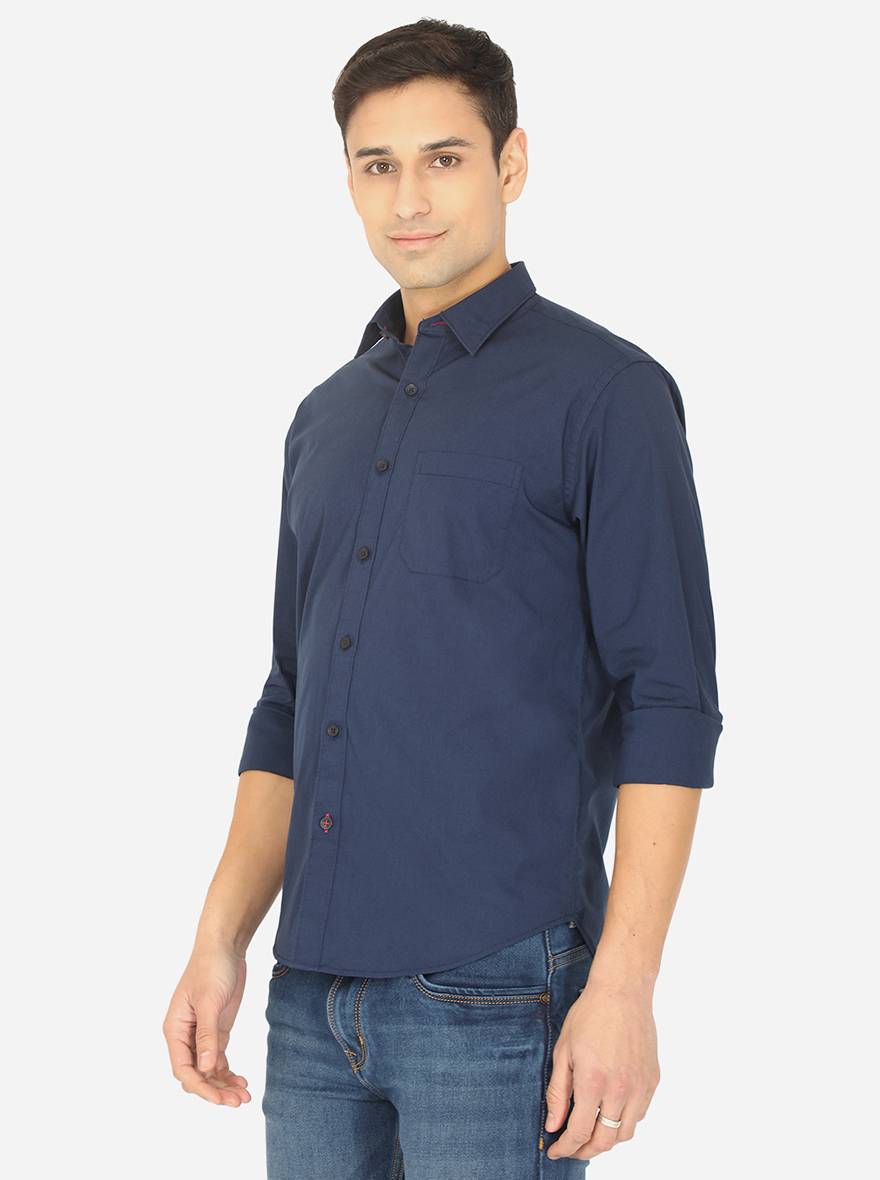 Navy Blue Solid Classic Fit Semi Casual Shirt | Pehervi