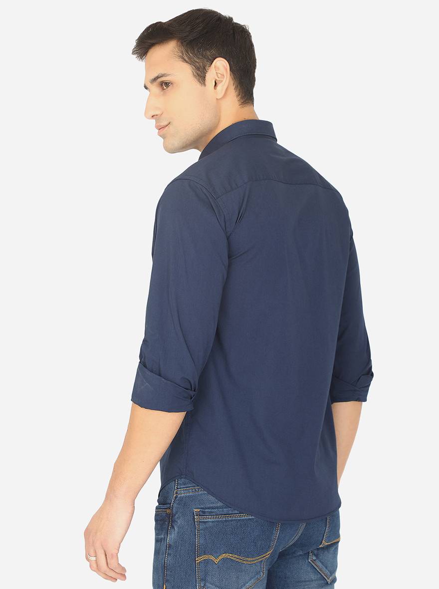 Navy Blue Solid Classic Fit Semi Casual Shirt | Pehervi