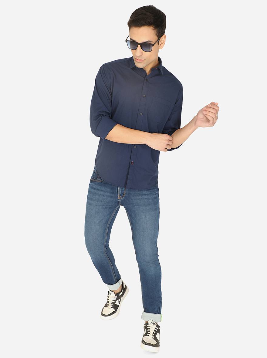 Navy Blue Solid Classic Fit Semi Casual Shirt | Pehervi