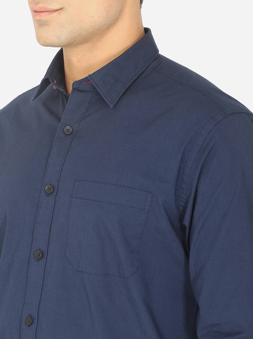 Navy Blue Solid Classic Fit Semi Casual Shirt | Pehervi
