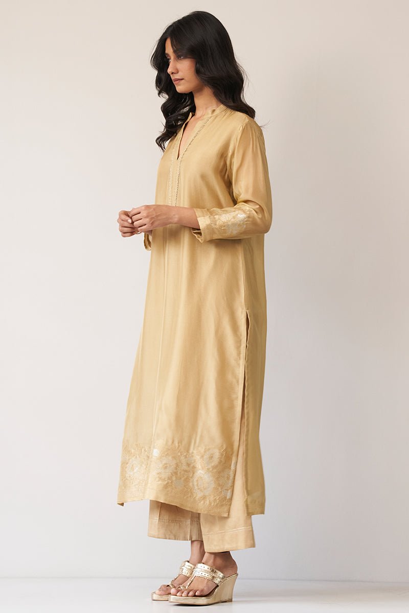 Gold Beige Silk Jacquard Kurta Set