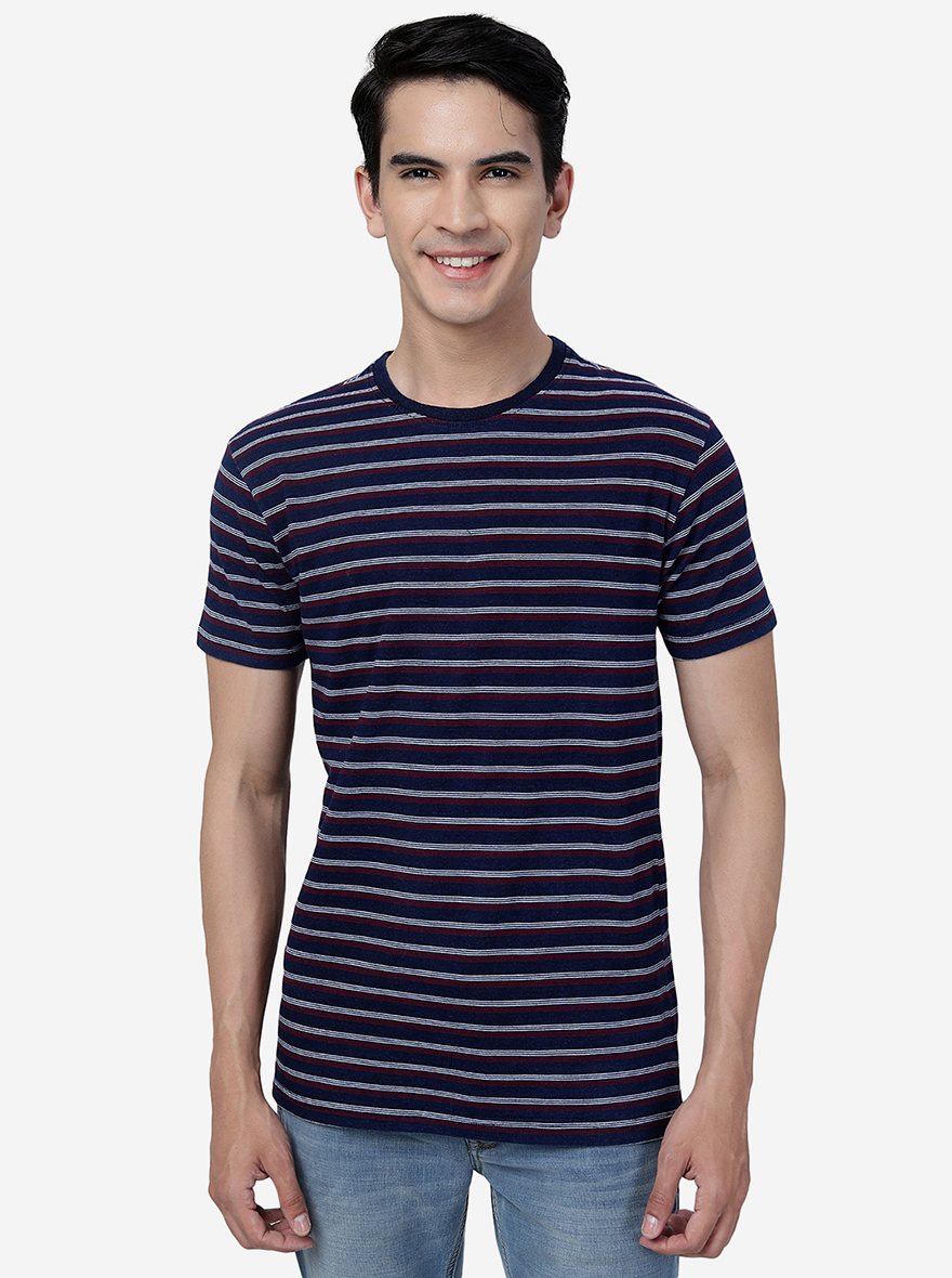 Blue & Maroon Striped Slim Fit T-Shirt | pehervi