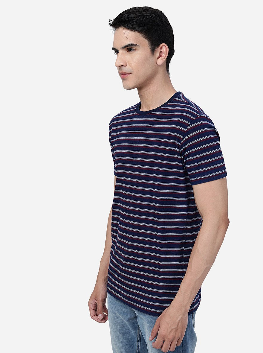 Blue & Maroon Striped Slim Fit T-Shirt | pehervi