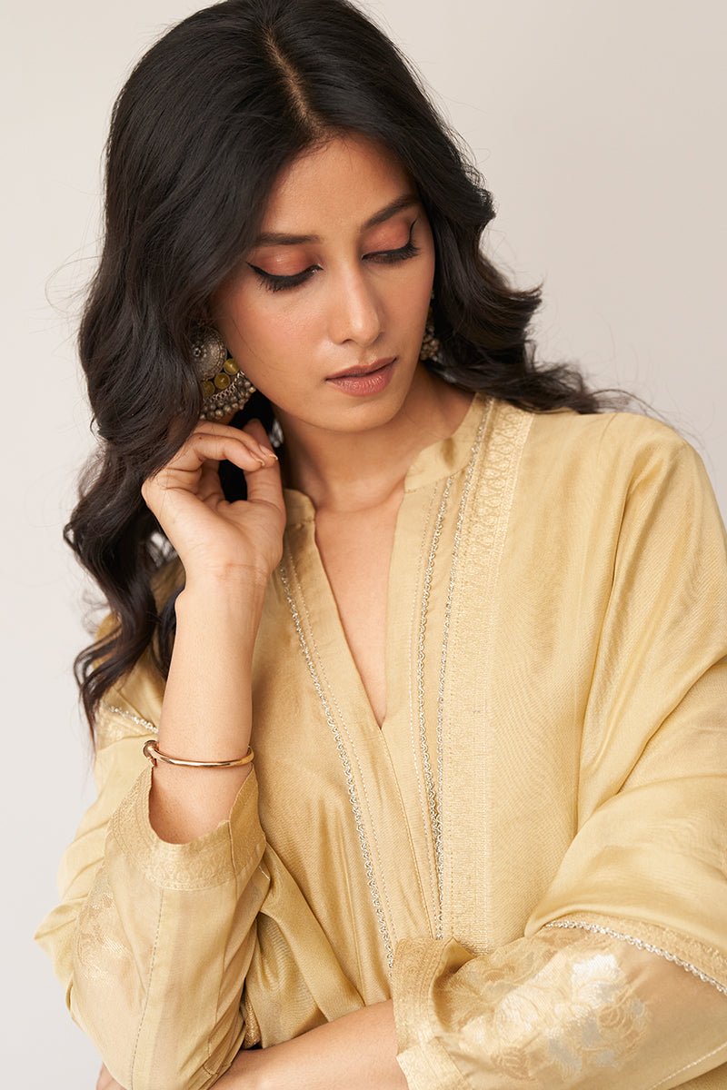 Gold Beige Silk Jacquard Kurta Set
