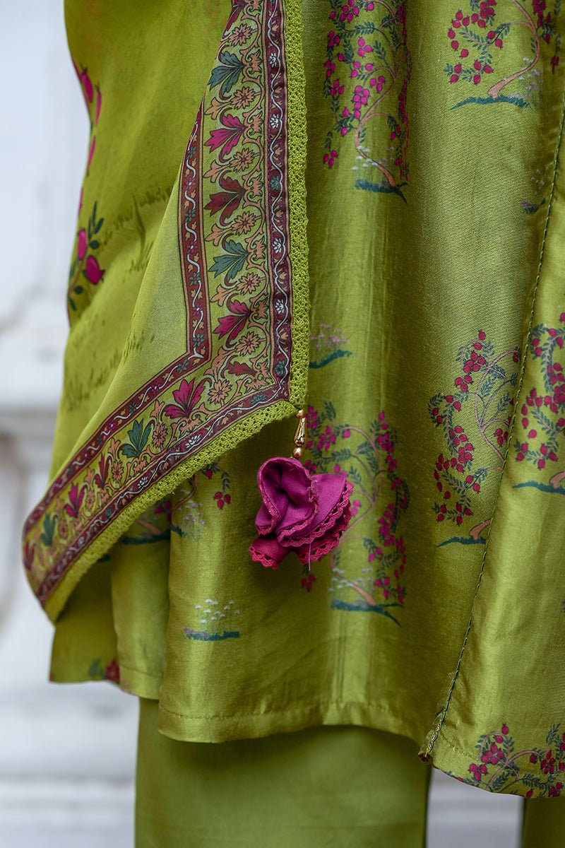 Henna Green Raw Silk Salwar Suit With Organza Dupatta