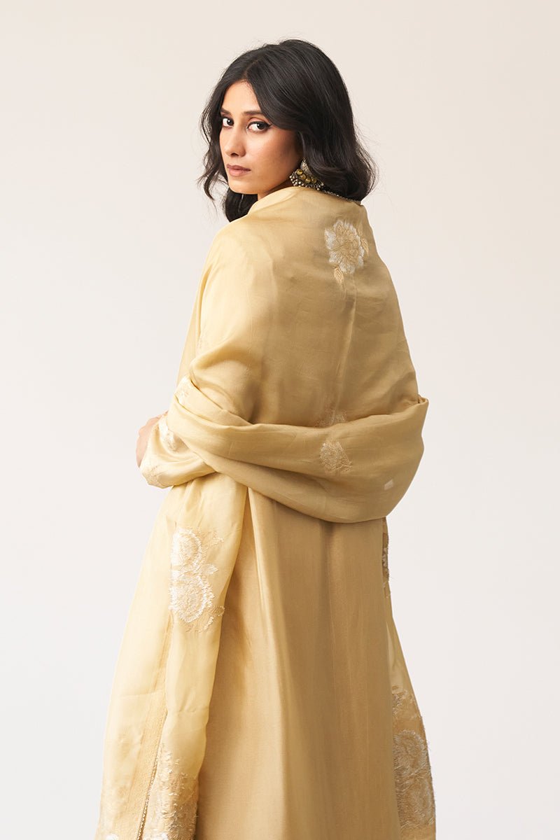 Gold Beige Silk Jacquard Kurta Set