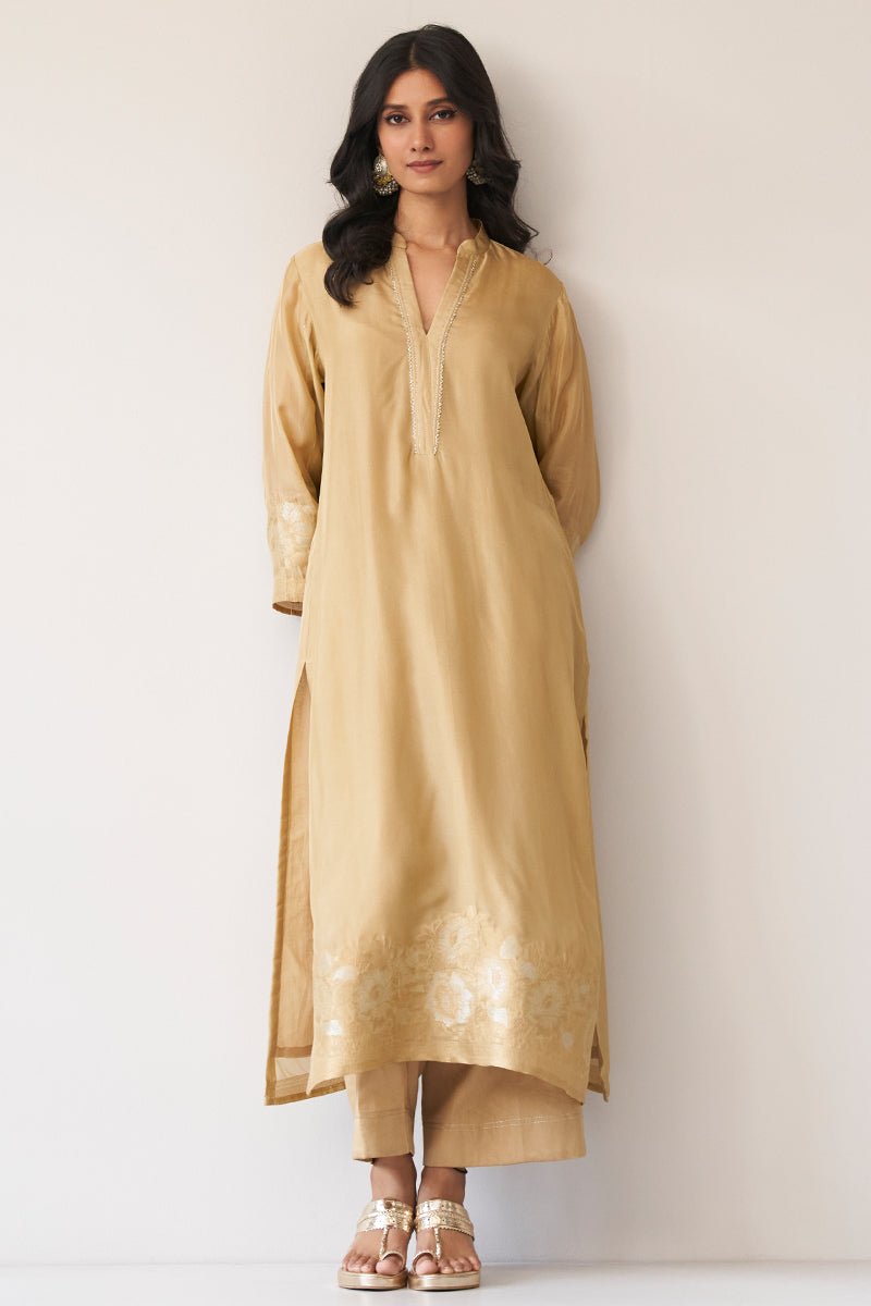 Gold Beige Silk Jacquard Kurta Set