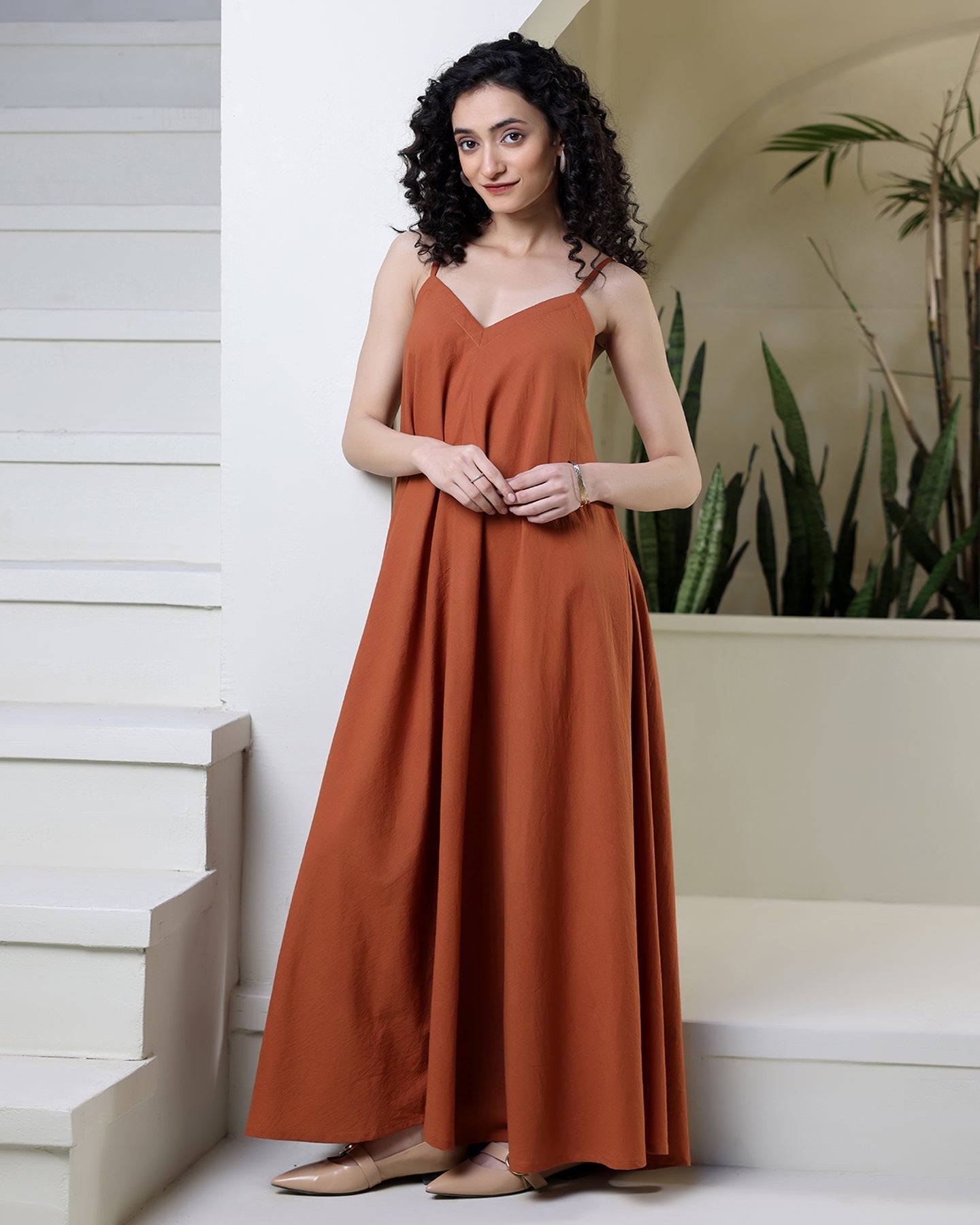 Rust Strappy Cotton Maxi Dress