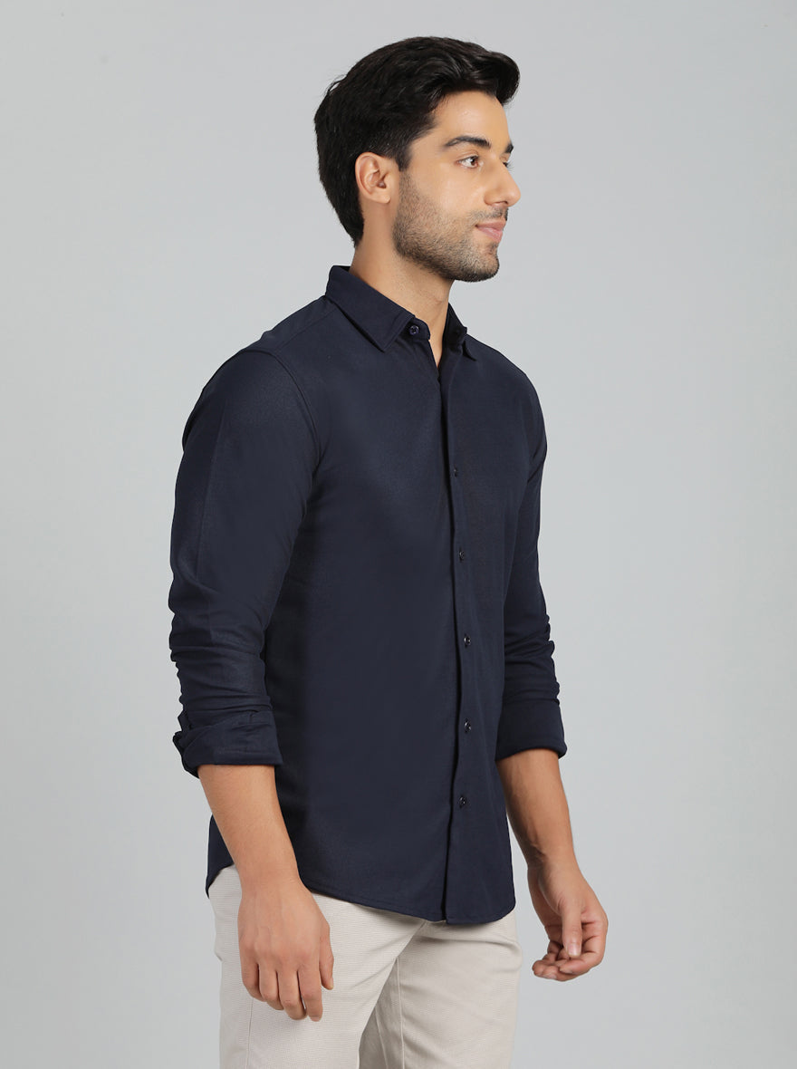 Navy Blue Solid Slim Fit Casual Shirt | pehervi