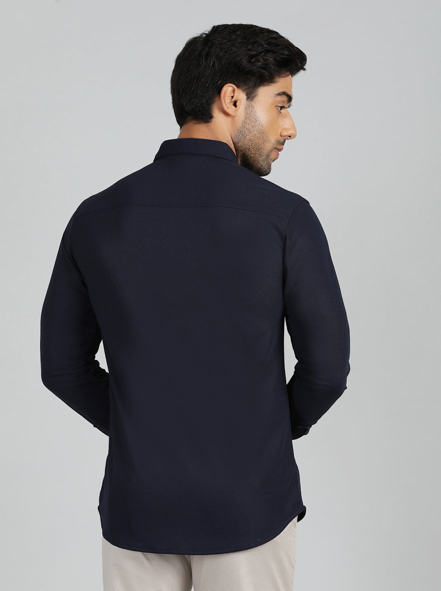 Navy Blue Solid Slim Fit Casual Shirt | pehervi