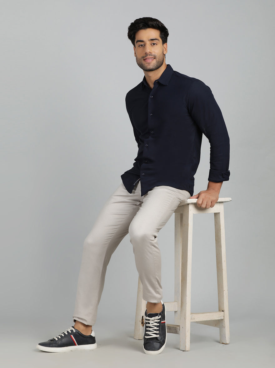 Navy Blue Solid Slim Fit Casual Shirt | pehervi
