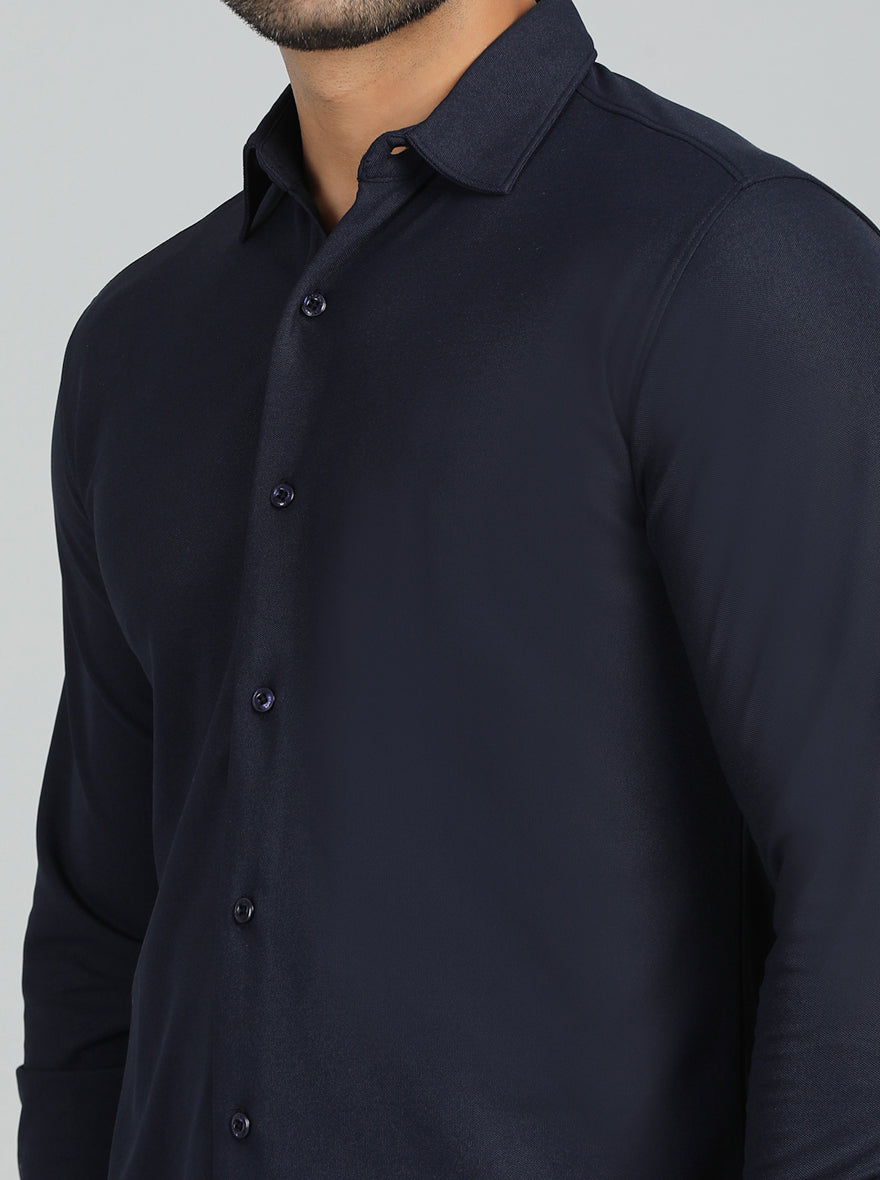Navy Blue Solid Slim Fit Casual Shirt | pehervi