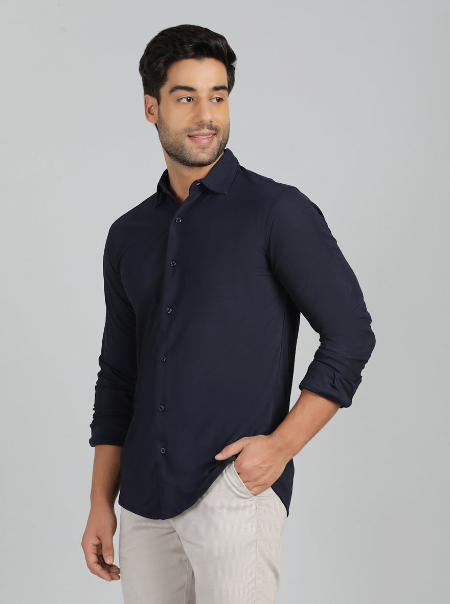 Navy Blue Solid Slim Fit Casual Shirt | pehervi