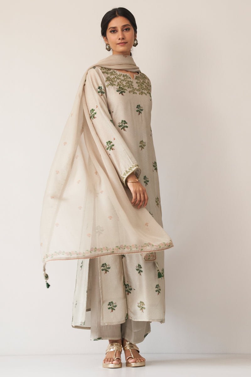 Light Grey and Green Raw Silk Kurta Set