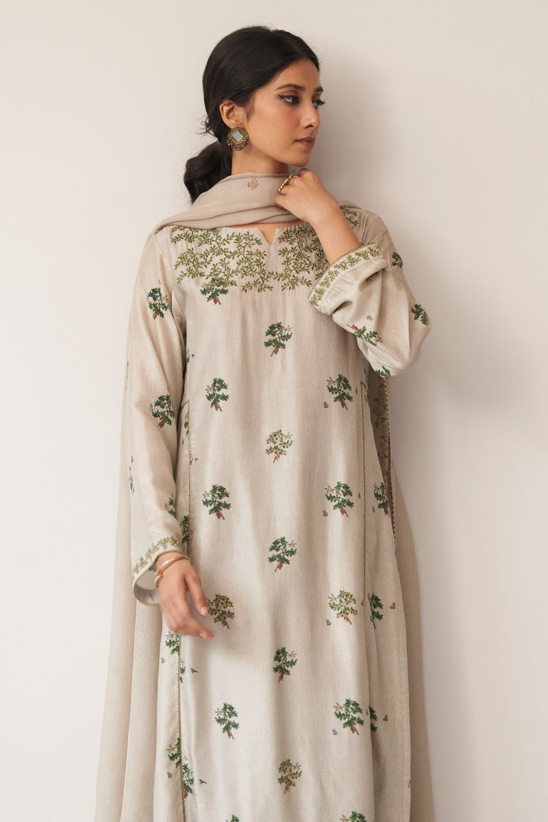 Light Grey and Green Raw Silk Kurta Set